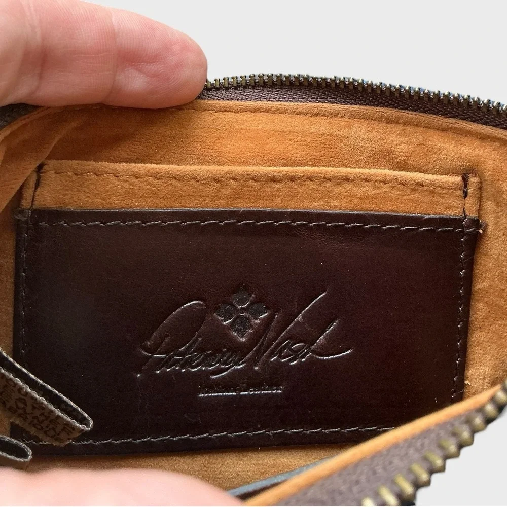 Patricia Nash Brown Leather Faux Fur Trim Wristlet Clutch Zip Pouch
